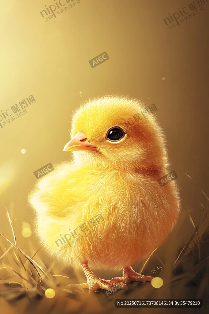 可愛小黃雞站立于微光草地