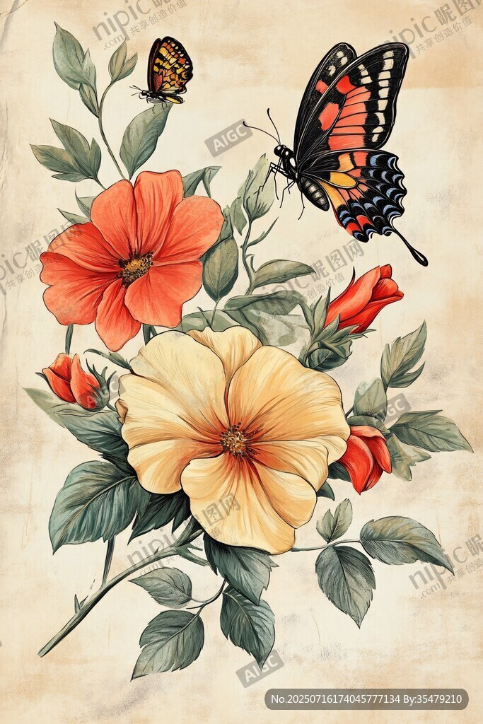 花卉蝴蝶插畫藝術作品