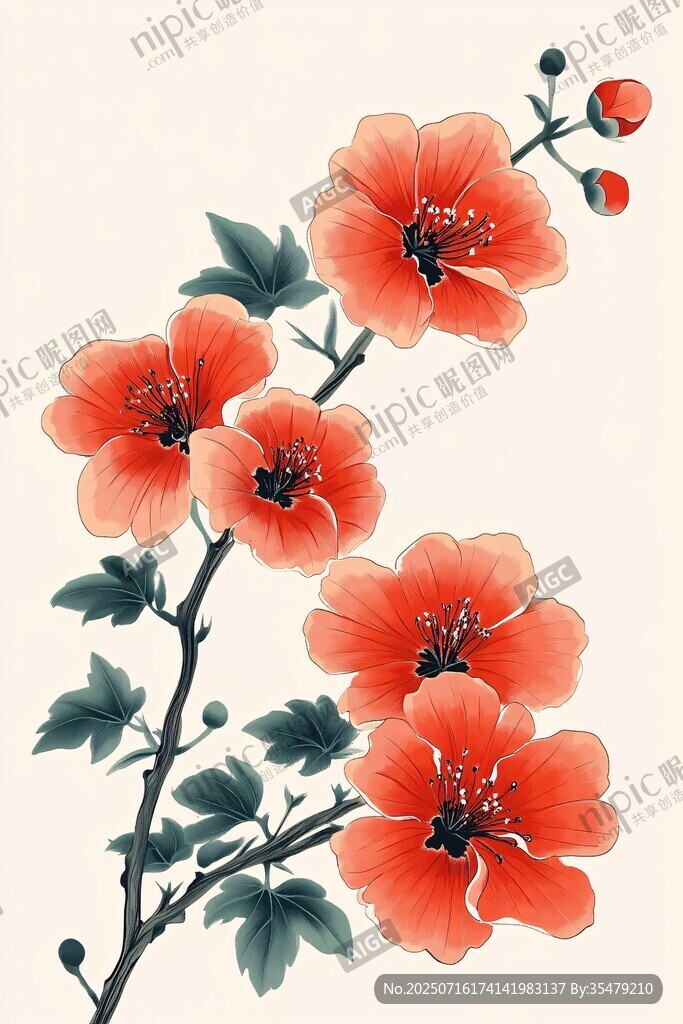 中式水墨風(fēng)艷麗盛開(kāi)花朵圖