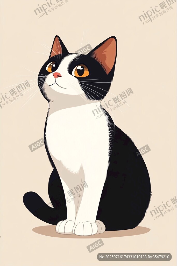 可愛黑白貓咪坐姿插畫