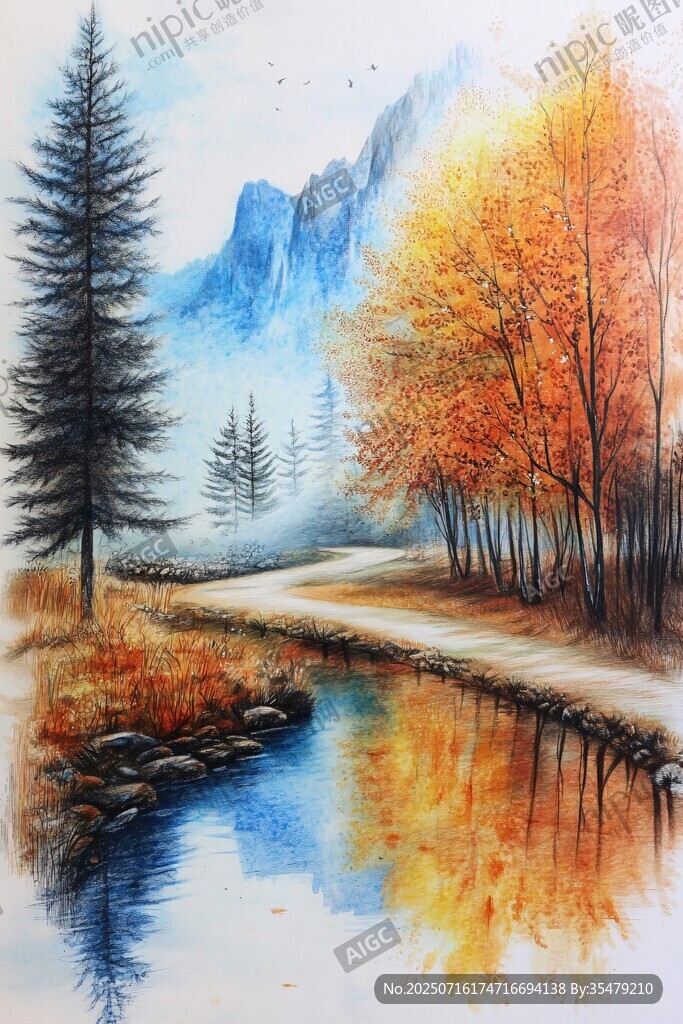 秋日林間小溪美景