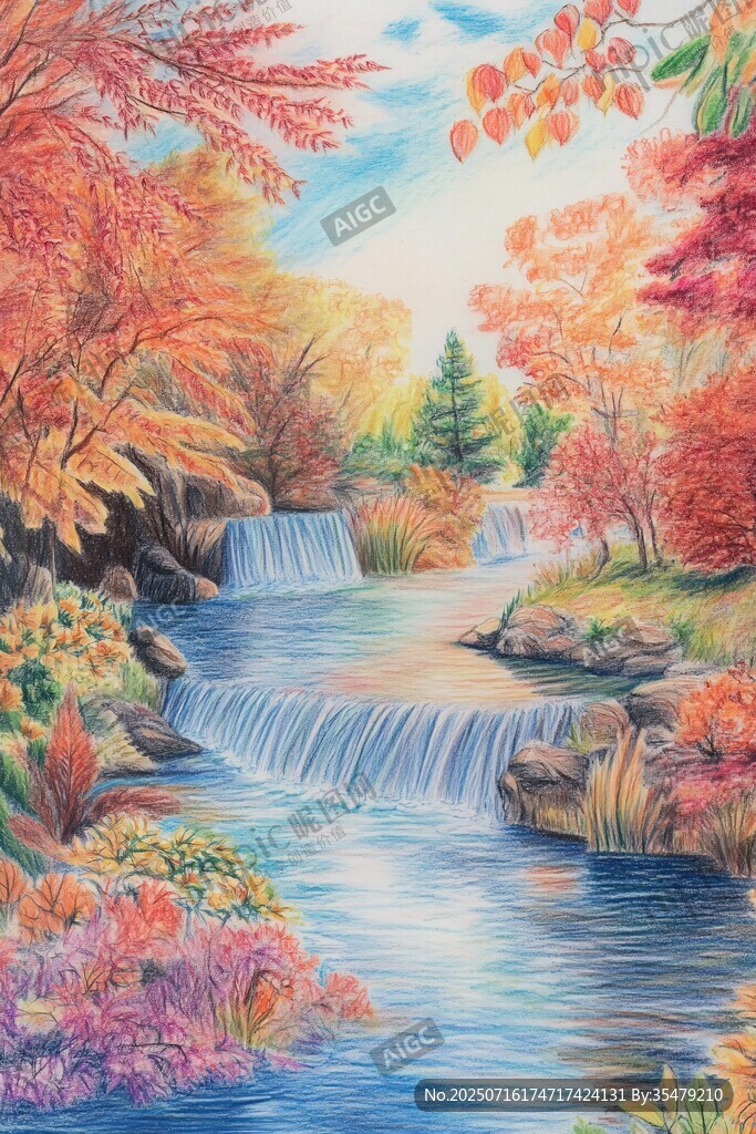 秋日溪邊瀑布絢爛景致