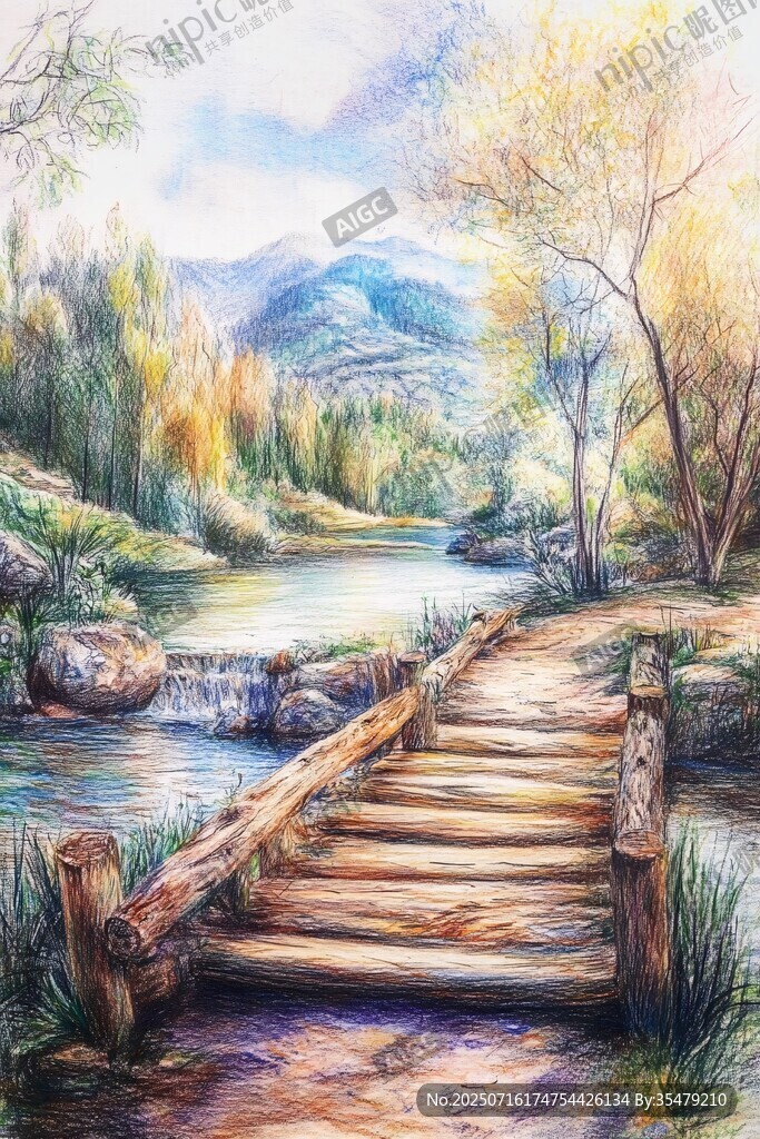 林間木橋旁的溪邊美景