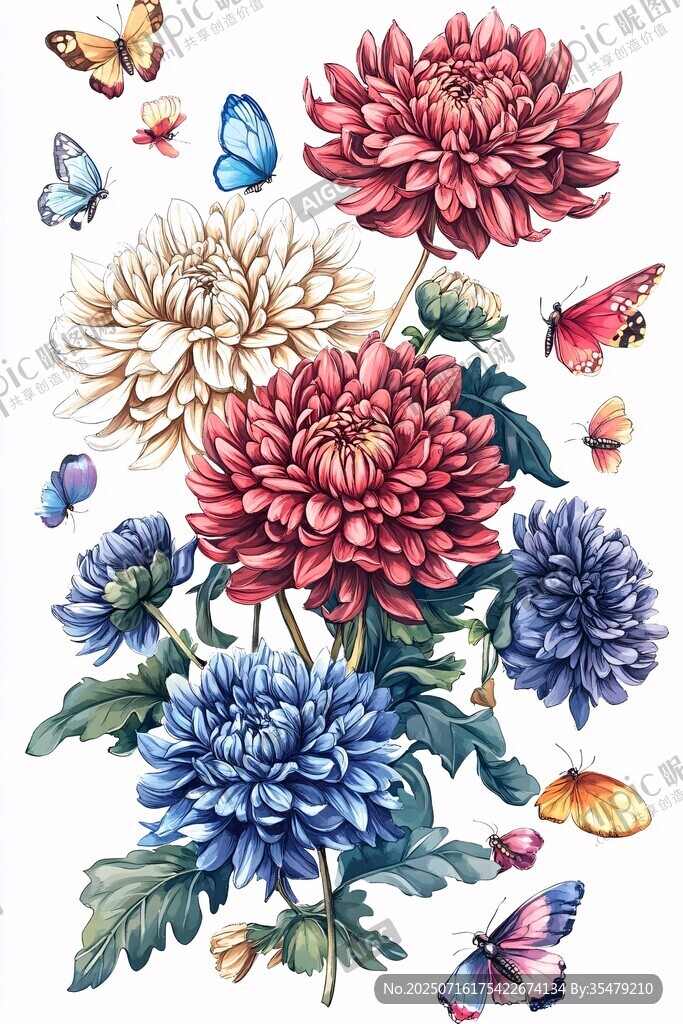 多彩菊花與蝴蝶插畫(huà)