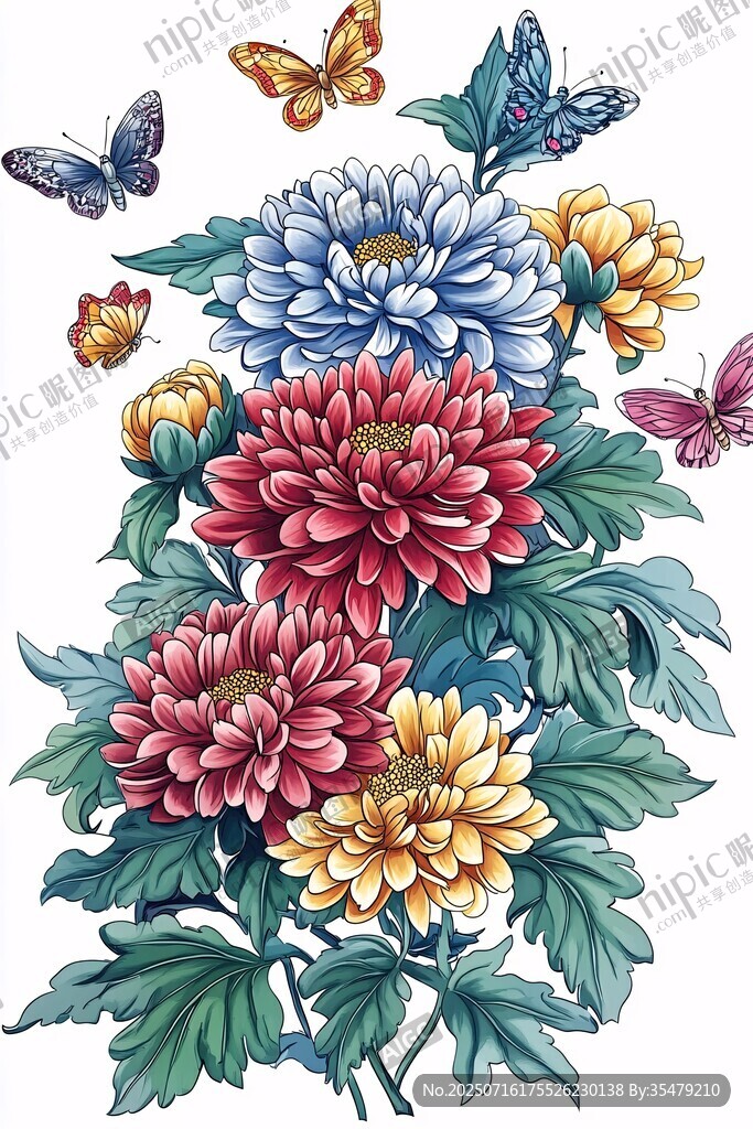 多彩菊花與飛舞蝴蝶插畫