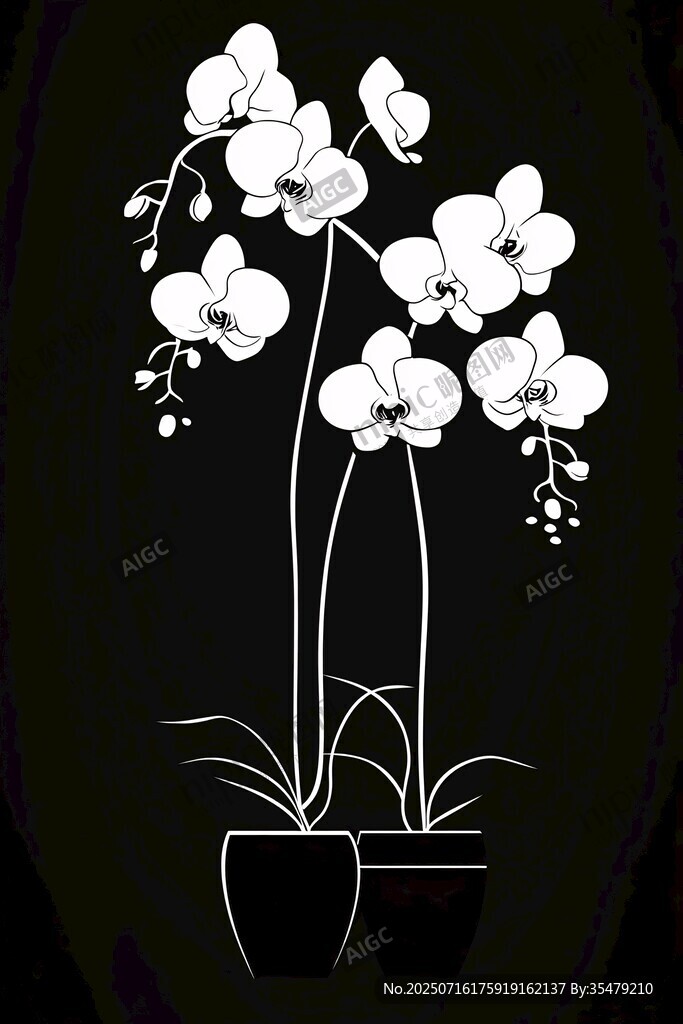 黑白蘭花插畫簡約盆栽