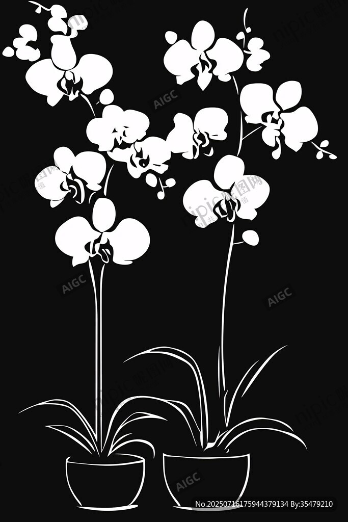 黑白蘭花盆栽插畫(huà)