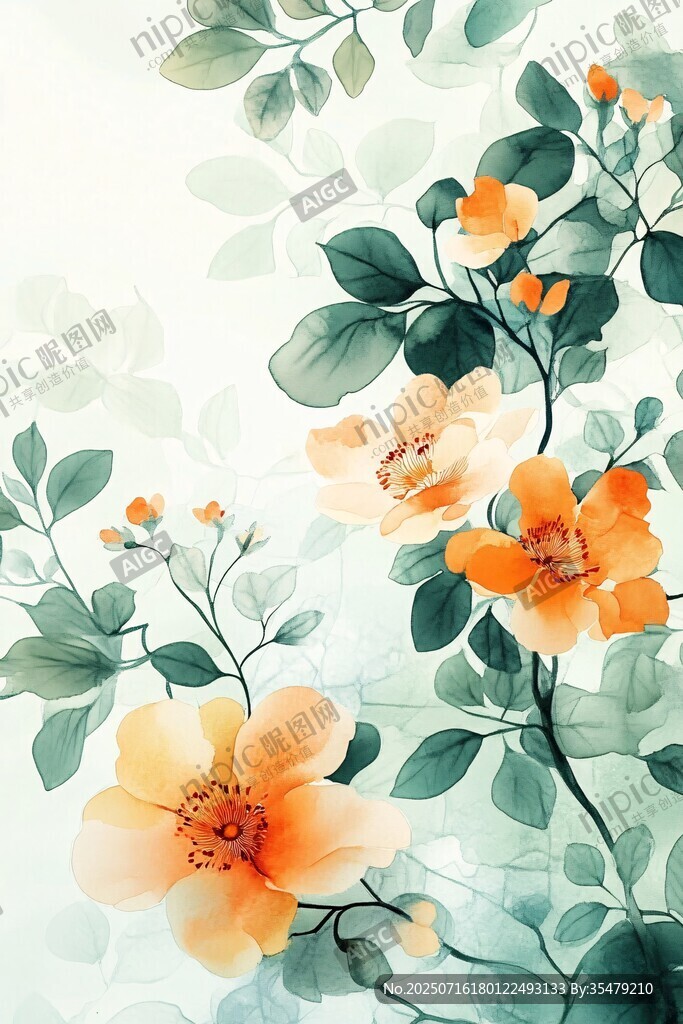 水墨風橘色花卉雅致圖景