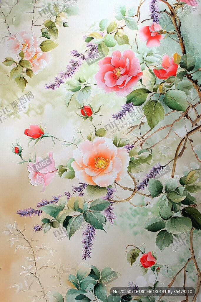 花卉手繪插畫 柔美月季與紫花