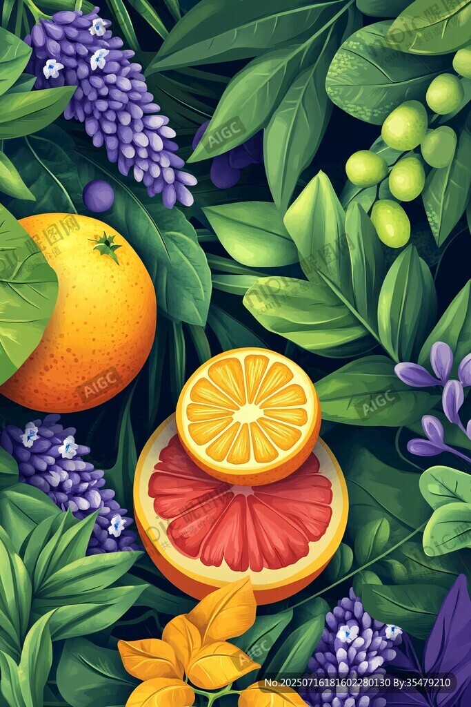 柑橘與花卉的清新插畫