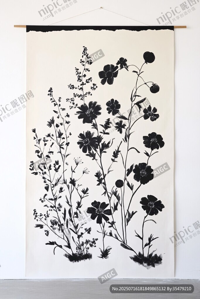 黑白花卉掛毯藝術(shù)作品