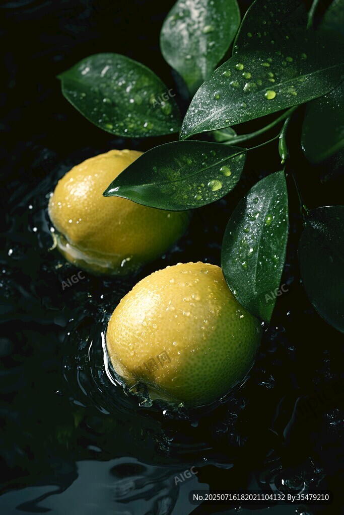 水中青檸帶葉水珠晶瑩