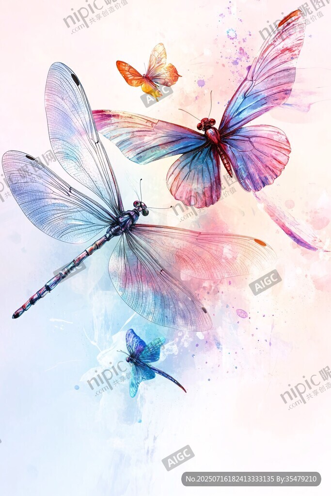 夢(mèng)幻水彩風(fēng)蜻蜓蝴蝶飛舞圖