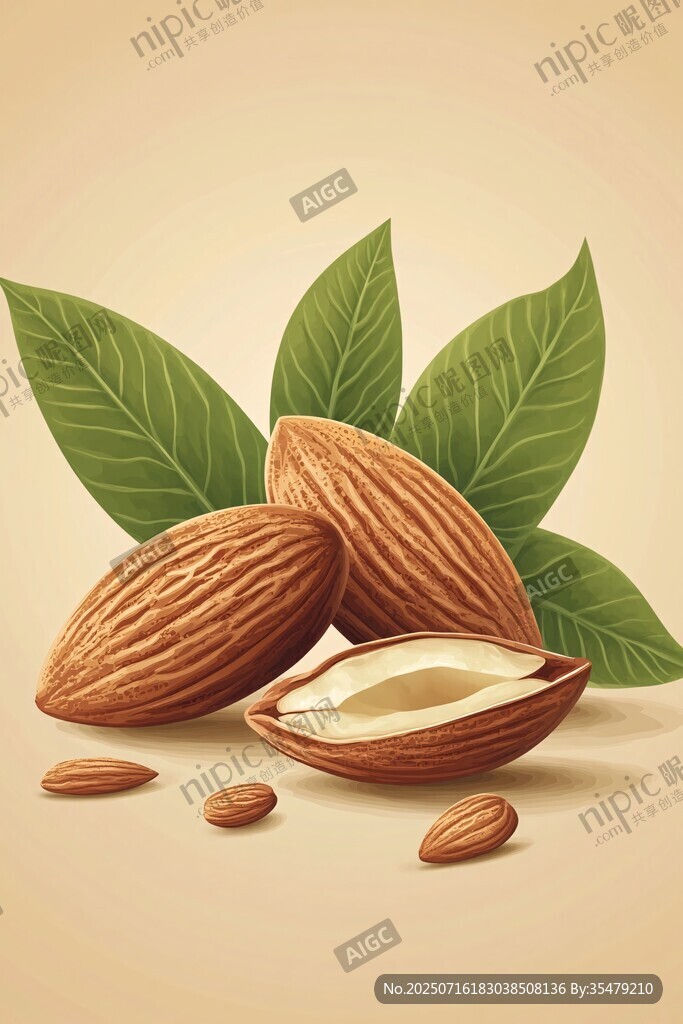 美味杏仁 帶綠葉的堅(jiān)果