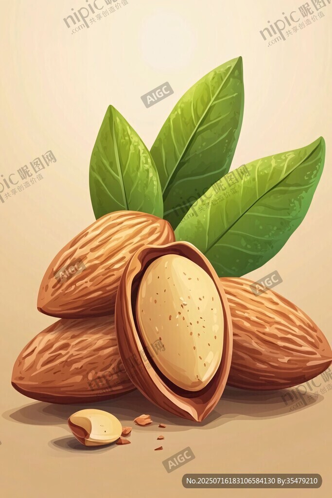 堆疊的美味杏仁與綠葉