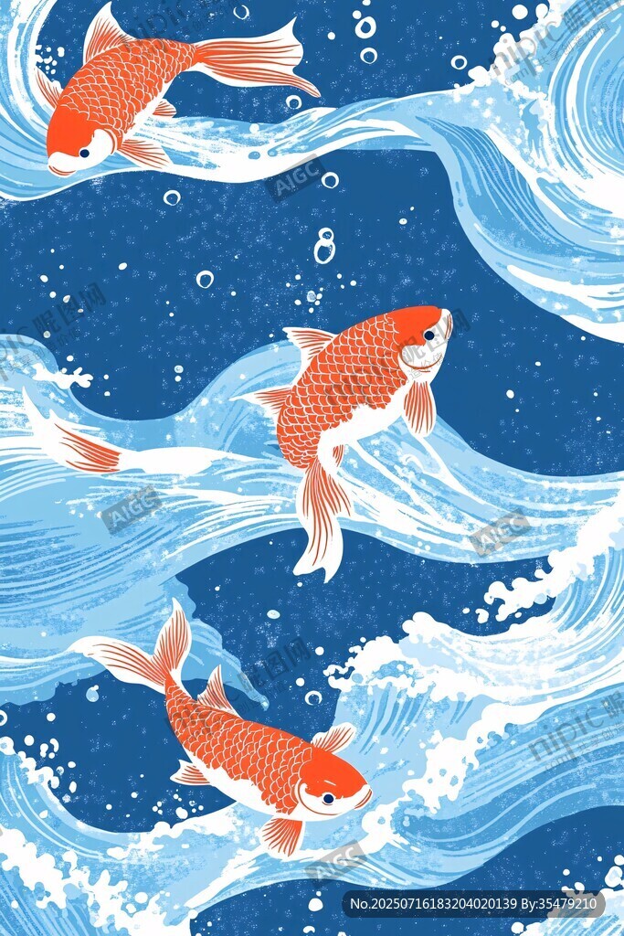 錦鯉游弋于翻涌海浪間