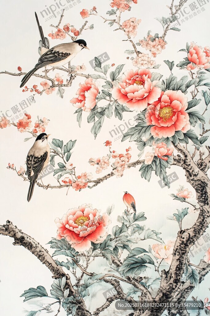 花鳥圖 牡丹枝頭雙鳥棲