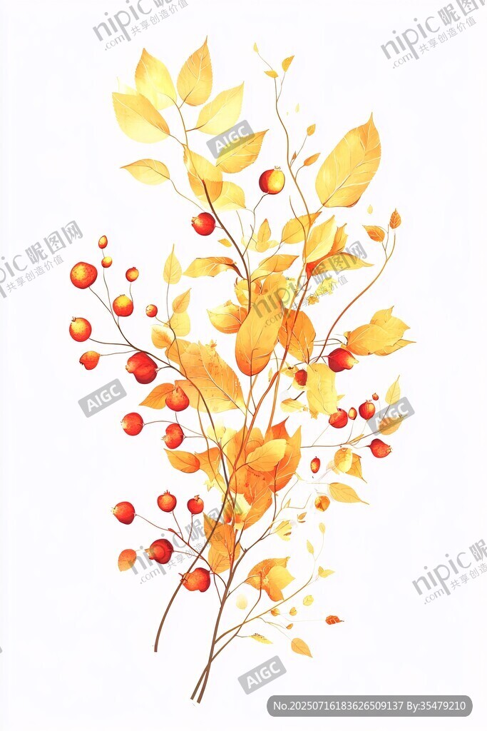 秋日黃葉紅果插畫