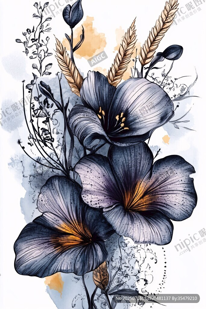 藍(lán)紫色花卉水彩插畫