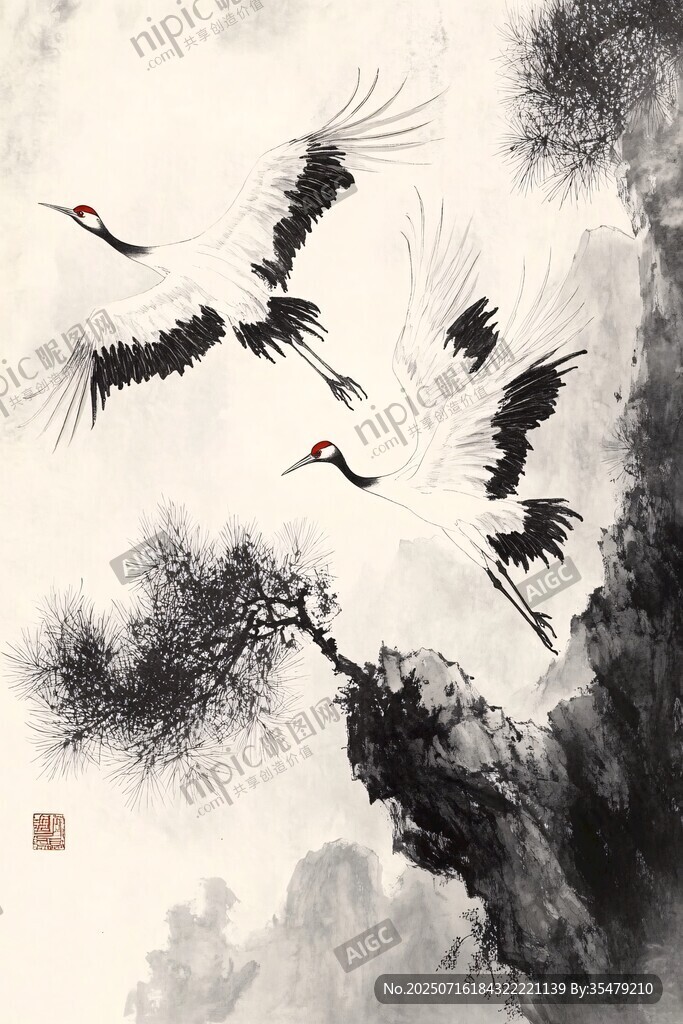 雙鶴青松圖