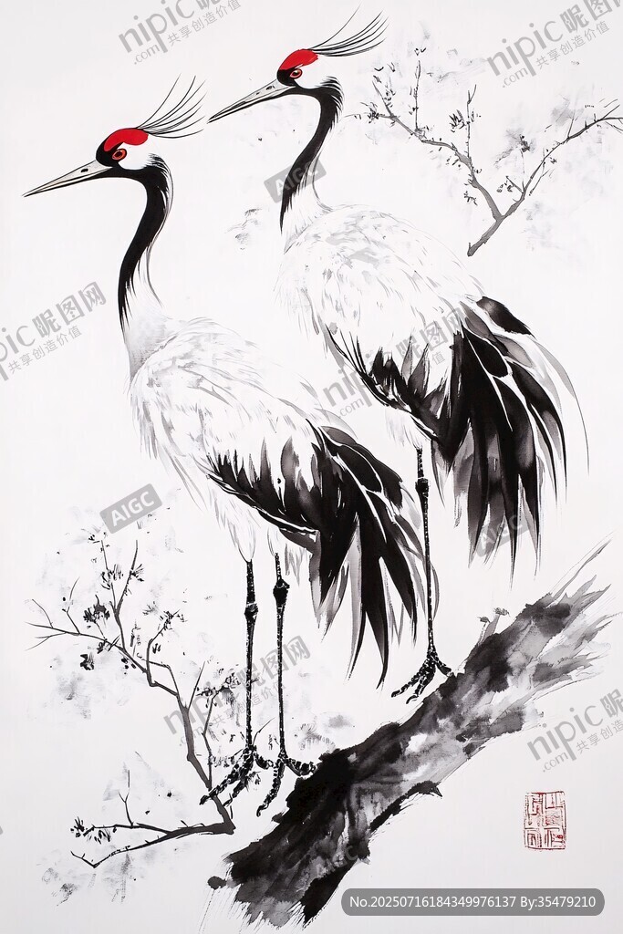 雙鶴立于枝頭水墨畫