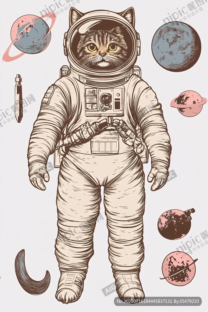 宇航貓與星際元素插畫