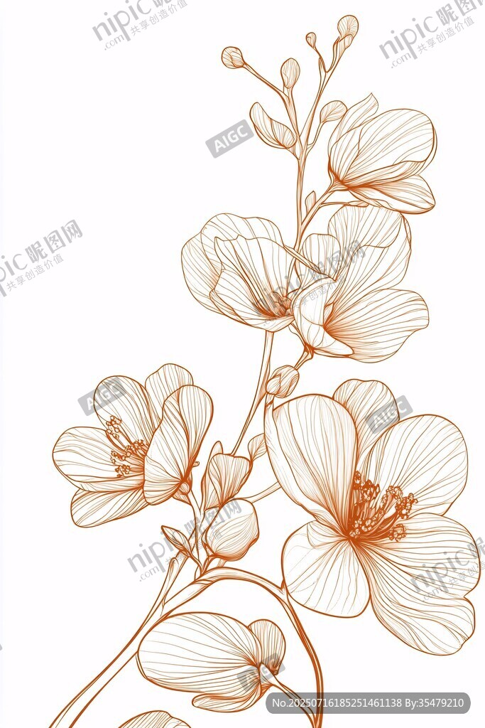 橙色花卉線條插畫