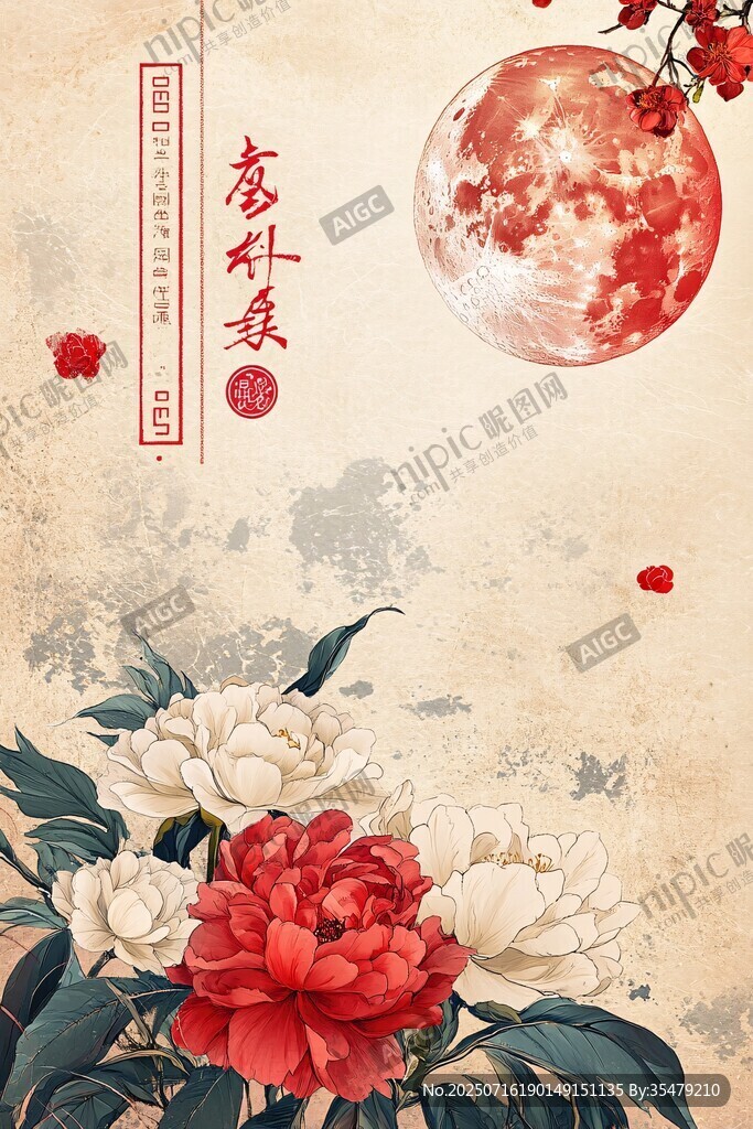 中秋月夜牡丹盛放圖