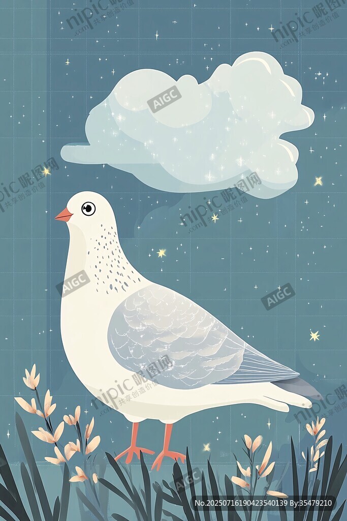 夜空下的白鴿與花草