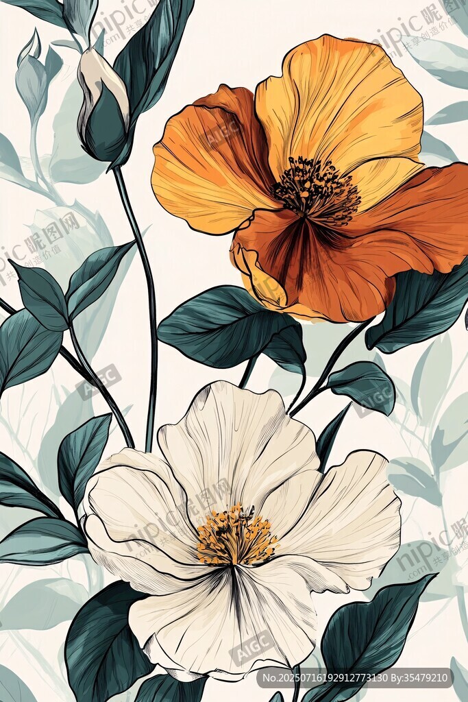 花卉插畫 橙白花朵與綠葉