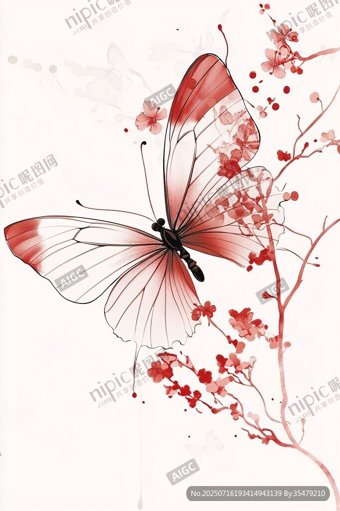 蝶舞花枝 水墨風(fēng)插畫