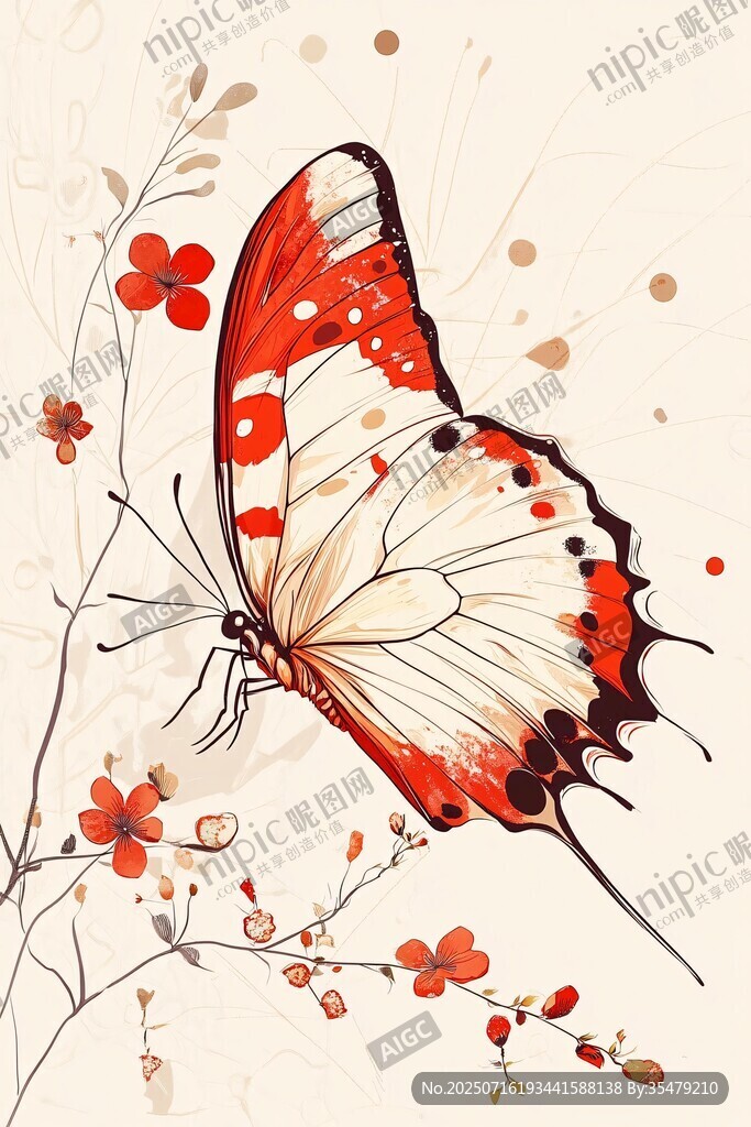 紅蝶棲花圖