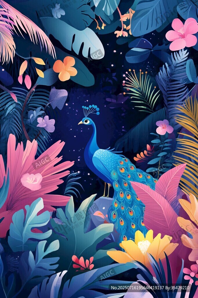 夜中孔雀棲于夢幻植物間