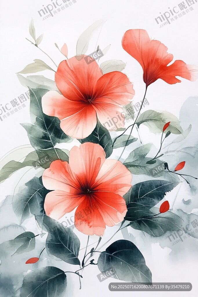 水墨風(fēng)艷麗朱槿花卉圖