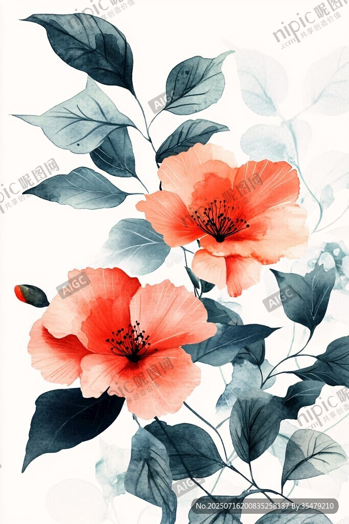 水墨風(fēng)橙花綠葉插畫