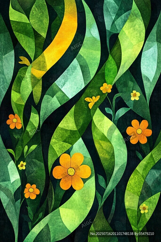綠色花卉植物水彩風(fēng)圖案