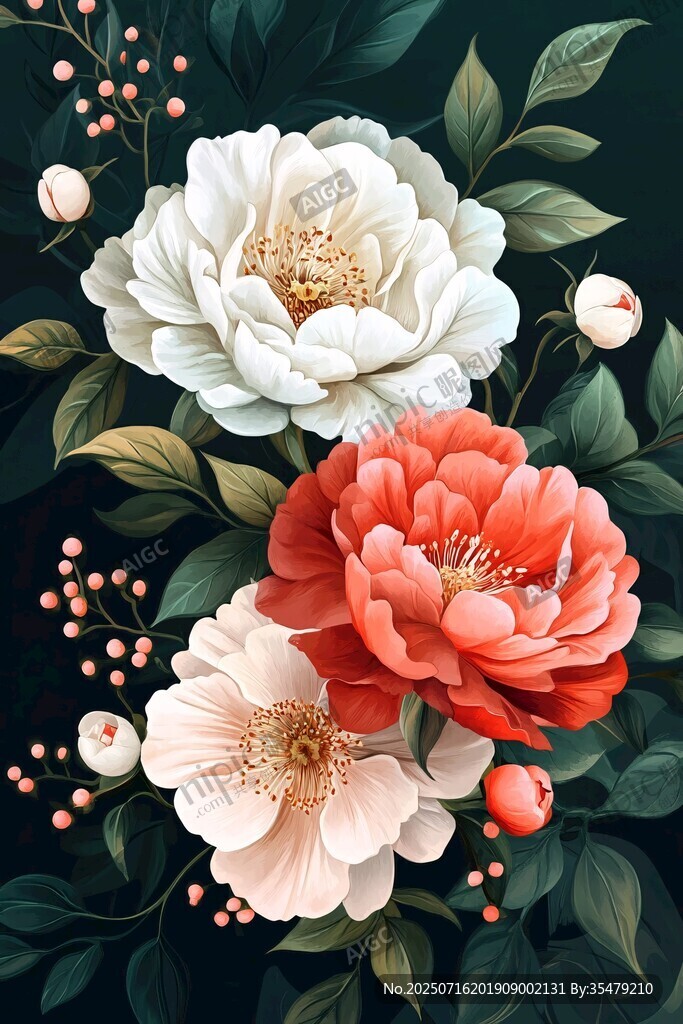 花卉插畫 多彩牡丹與綠葉