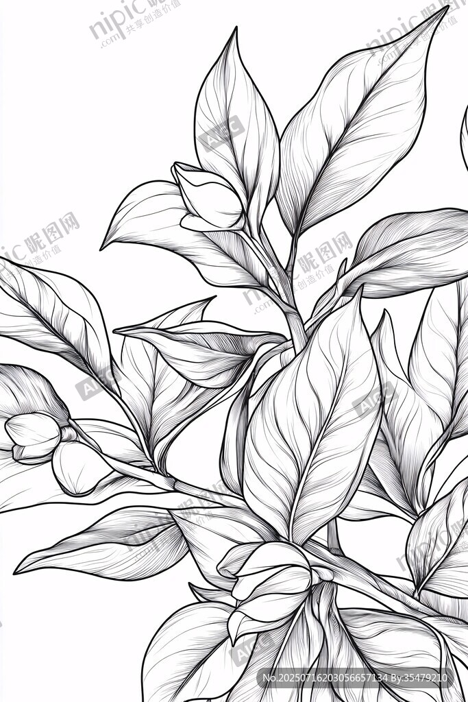 手繪植物枝葉黑白插畫