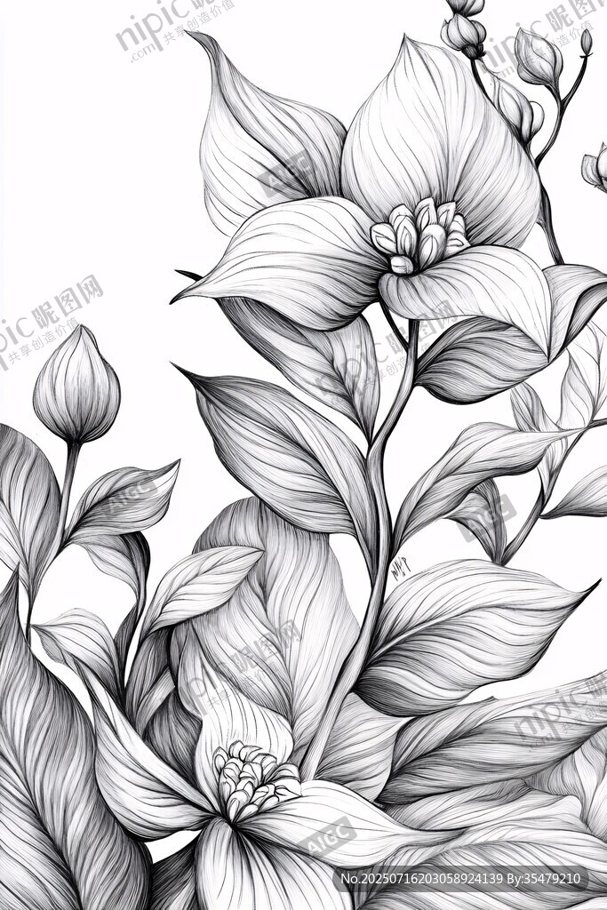 黑白花卉線描插畫
