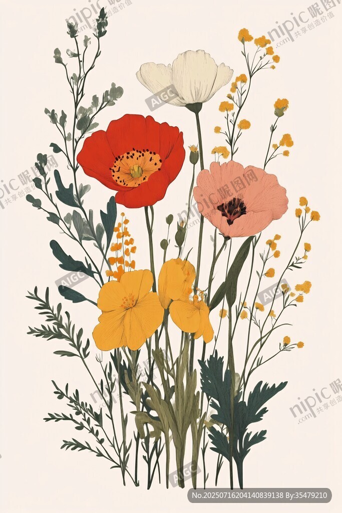 手繪多彩花卉插畫