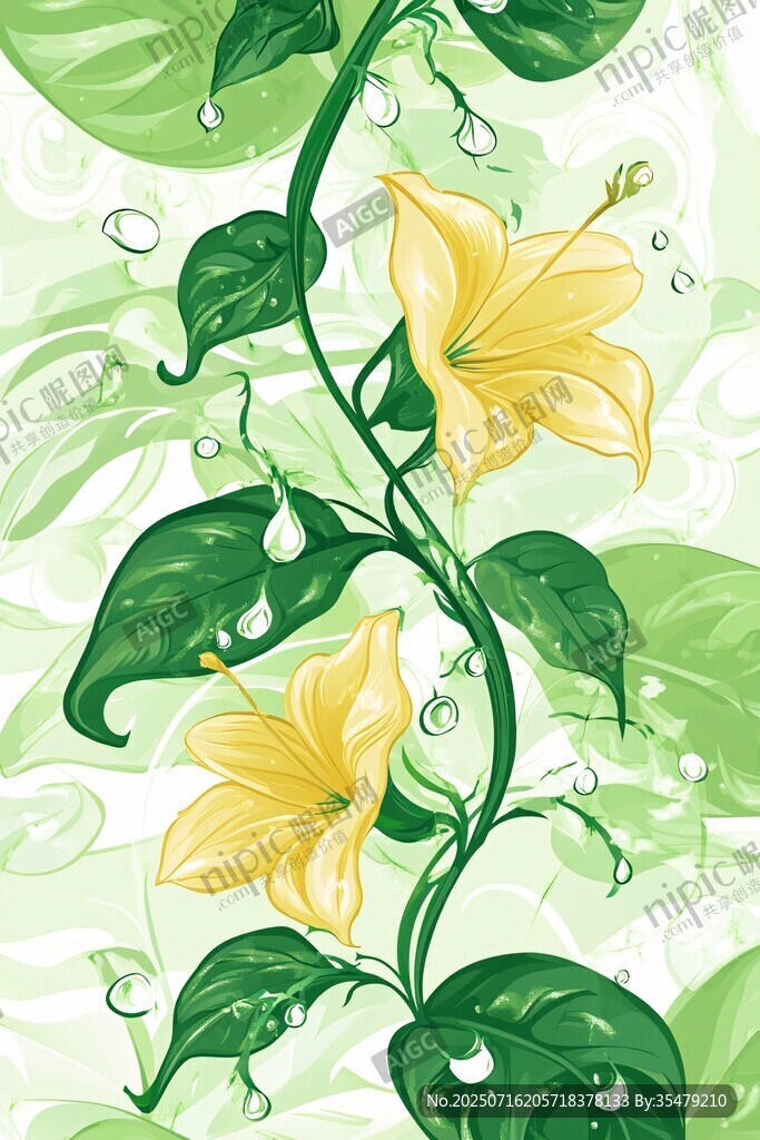 黃色藤蔓花卉清新插畫