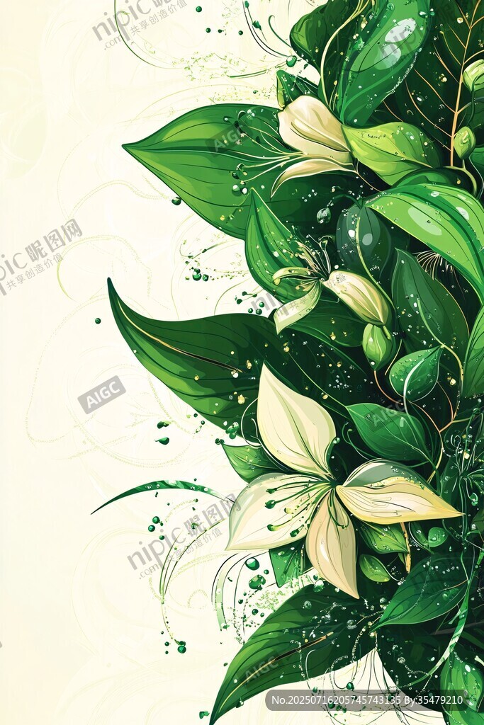綠葉白花裝飾畫元素