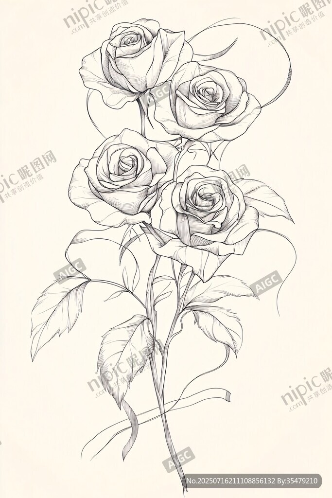 手繪線條玫瑰花插畫