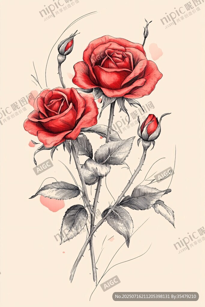 手繪紅玫瑰花卉插畫