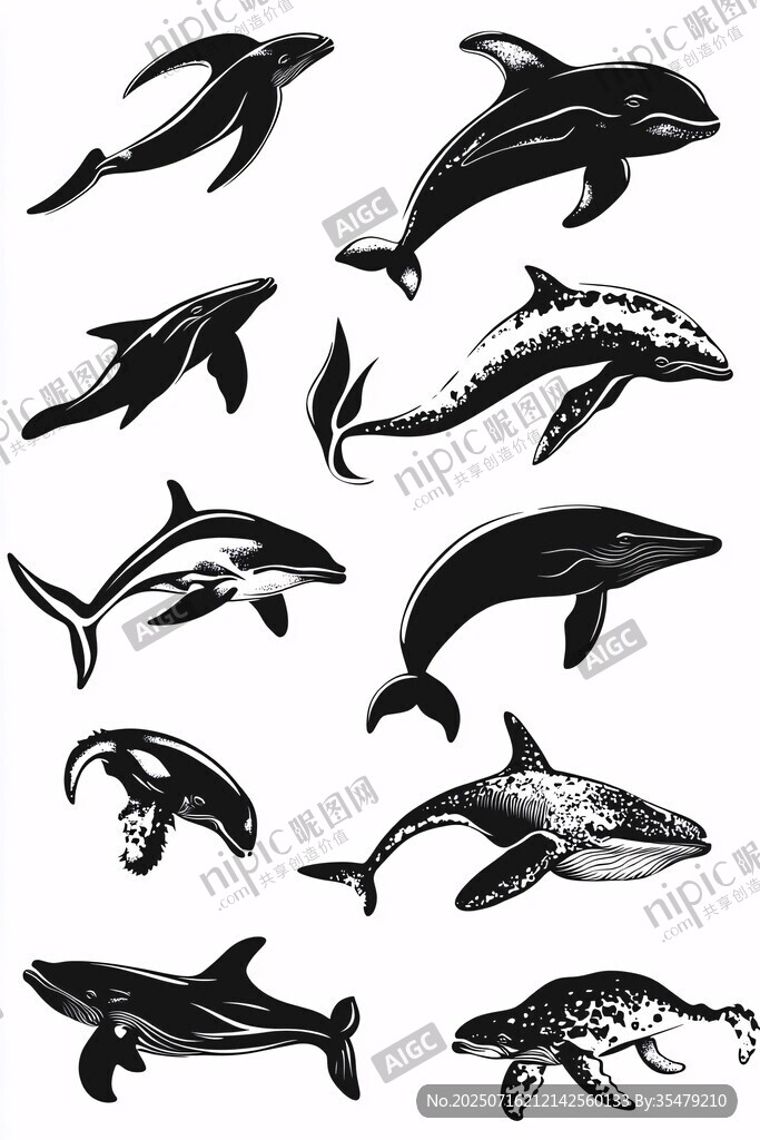 多樣鯨魚(yú)海豚黑白插畫(huà)