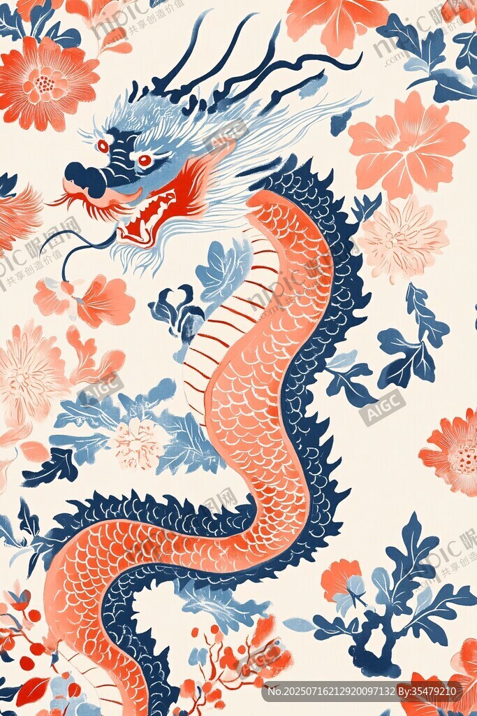 龍與花卉的精美國風(fēng)圖案