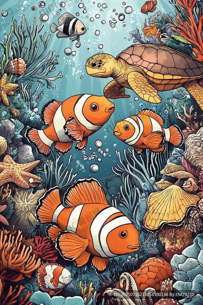 海底世界的多彩魚類與海龜