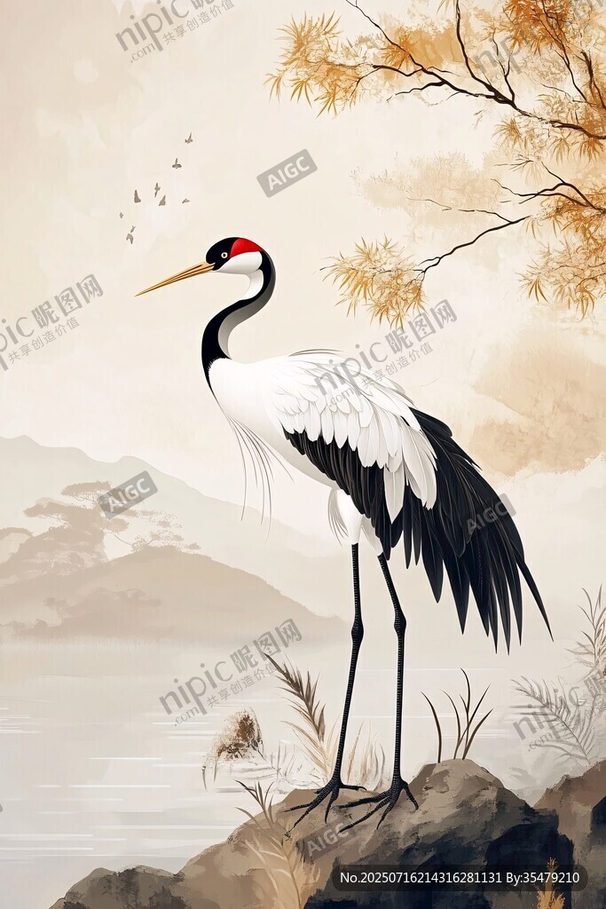 丹頂鶴立于山水間美景