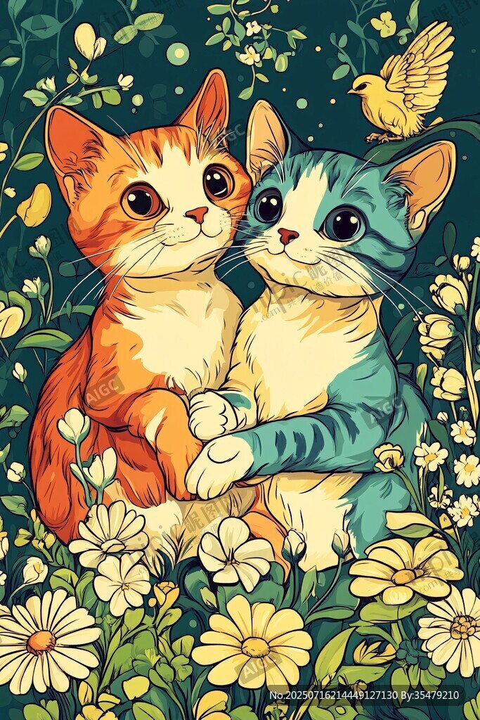 兩只萌貓依偎在花叢中
