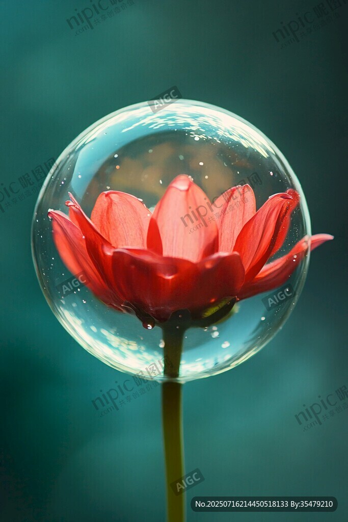 泡泡中的嬌艷紅花朵